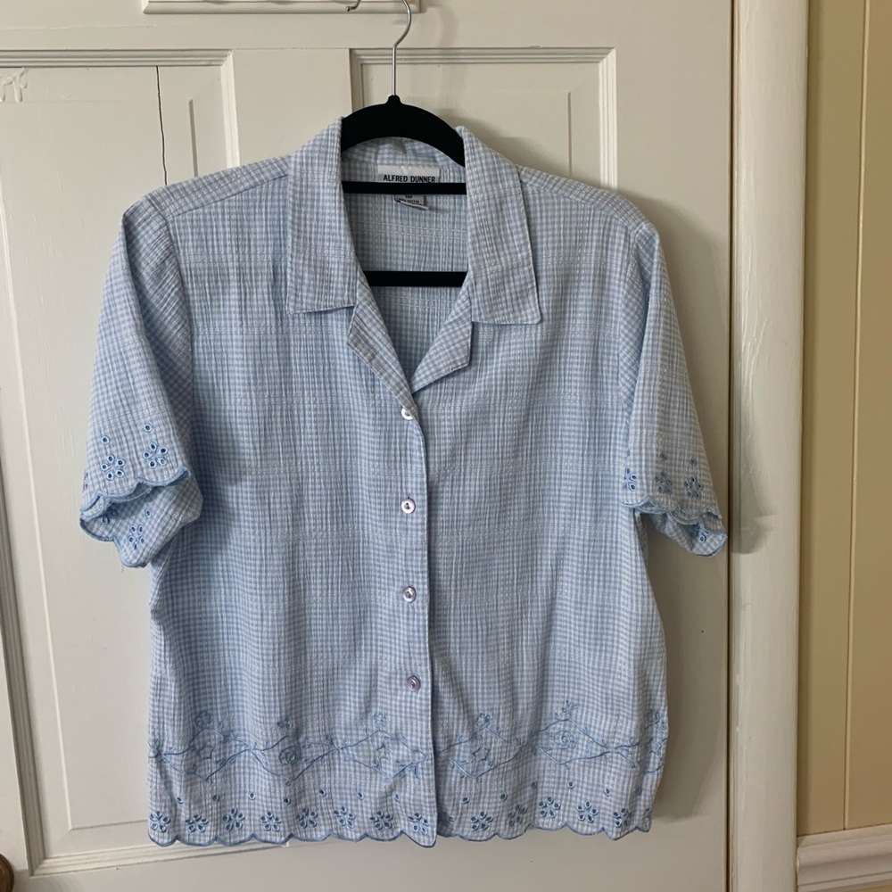 Alfred Dunner women’s vintage Light Blue Gingham Textured Blouse